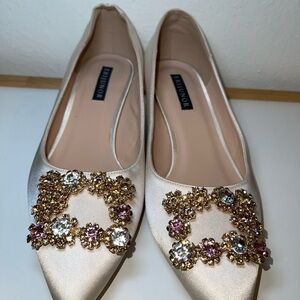 ERIJUNOR Pointy Toe Flats Low Heel Pumps Satin Wedding Evening 7 Rhinestones